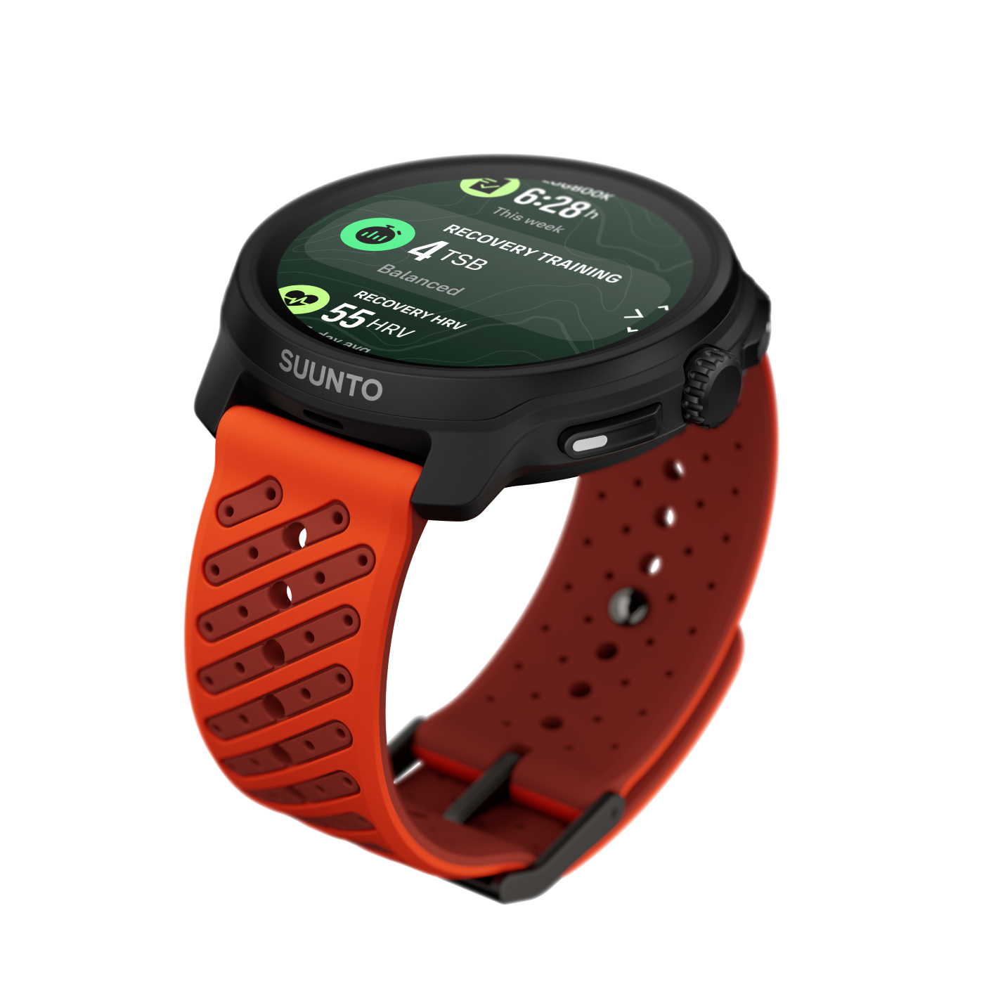 Suunto_Race 2-Coral Orange-Perspective top quarter-Coral Orange-widget-list_EN